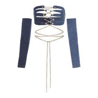 Set: Chained Tube Top + Arm Sleeves Set - Tube Top & Arm Sleeves - Blue - One Size