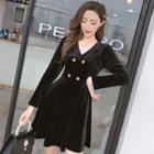 Long-sleeve Double-breasted Mini A-line Velvet Dress