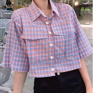 Plaid Elbow-sleeve Crop Shirt