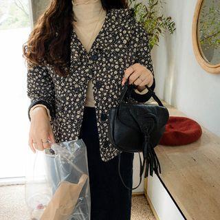 Ruffle-collar Floral Print Quilted Jacket Black - One Size