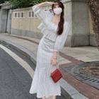 3/4-sleeve Square Neck Ruched Cropped Blouse / Midi Mermaid Skirt