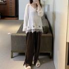 Lace Trim Long-sleeve Top / Patterned Wide Leg Pants