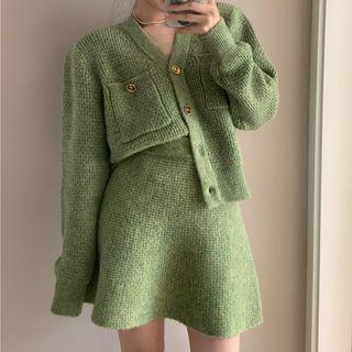 Plain Pocket-detail Long-sleeve Cardigan / High-waist A-line Mini Skirt