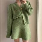Plain Pocket-detail Long-sleeve Cardigan / High-waist A-line Mini Skirt
