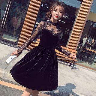 Lace-panel Velour Shirred Midi Dress