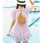 Set: Printed Short-sleeve Dress + Bikini Top + Swim Shorts