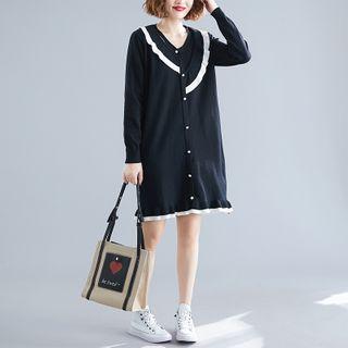 Button Long-sleeve Knit Dress Black - One Size