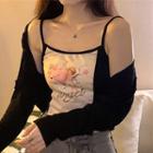 Set: Angel Print Crop Camisole Top + Crop Jacket Set Of 2 - Camisole Top & Jacket - White & Black - One Size