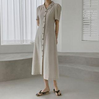 Puff-sleeve Open-placket Long Dress Oatmeal - One Size