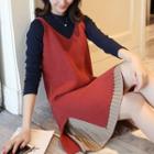 Set: Plain Long Sleeve Knit Top + Pleated Hem Sleeveless Knit Dress