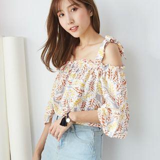 Off Shoulder Bell Sleeve Print Top Tangerine - One Size