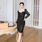 Long-sleeve Drawstring Lace Sheath Dress