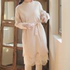 Mock-turtleneck Lace Hem Tie-waist Knit Dress