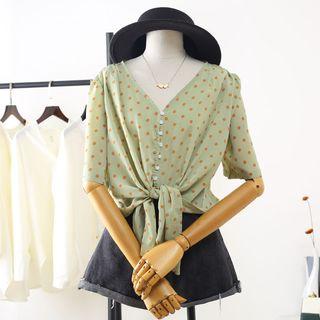 Short-sleeve Polka Dot Tie-front Blouse