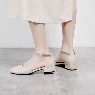 Faux Leather Low Heel Ankle Strap Pumps
