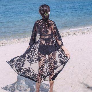 3/4-sleeve Perforated Lace Cover-up Black - One Size