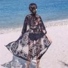 3/4-sleeve Perforated Lace Cover-up Black - One Size