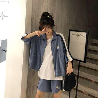 Set: 3/4-sleeve Contrast Trim Embroidered Zip Jacket + Wide-leg Shorts