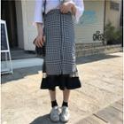 High Waist Mesh Panel Plaid Midi Skirt