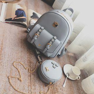 Set Of 2: Flower Applique Faux Leather Backpack + Crossbody Bag