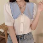 Short Sleeve Color Block Collar Blouse