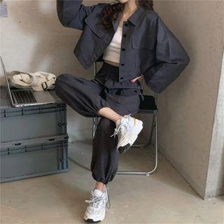 Set: Long-sleeve Shirt + Cargo Sweatpants Set - Shirt - Dark Gray - One Size / Sweatpants - Dark Gray - One Size