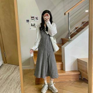 Long-sleeve Blouse / Houndstooth Midi A-line Overall Dress