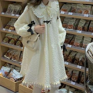 Long-sleeve Peter Pan Collar Dress Milky White - One Size