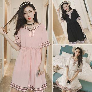 Embroidered Short-sleeve Chiffon Dress