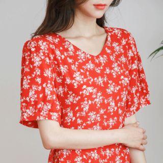 Tie-waist Crinkled Long Floral Dress