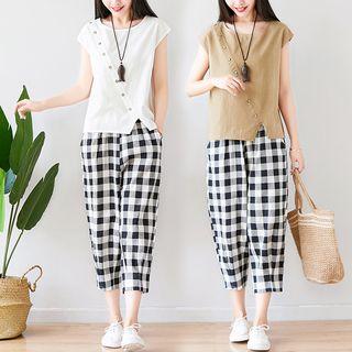 Set: Cap-sleeve Top + Check Crop Harem Pants
