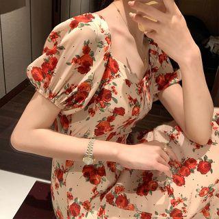 Floral Spaghetti Strap Midi Sheath Dress / Short-sleeve Midi A-line Dress