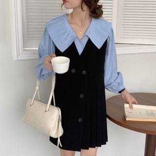 Accordion Pleated Collar Blouse / Mini A-line Overall Dress