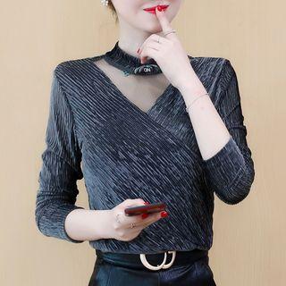 Mesh Panel Corduroy Long-sleeve Top