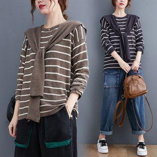 Set: 3/4-sleeve Striped T-shirt + Shawl