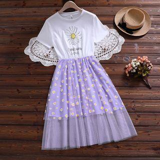 Short-sleeve Floral Print Mesh Overlay Dress