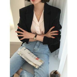 Open-placket Balloon-sleeve Silky Blouse
