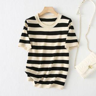 Short-sleeve Striped Knit Top Striped - Black & Beige - One Size