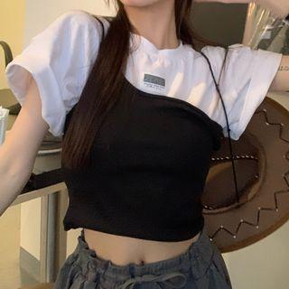 Set: Short-sleeve Plain T-shirt + Cropped Camisole Top Camisole Top - Black & White / T-shirt - Black & White - One Size