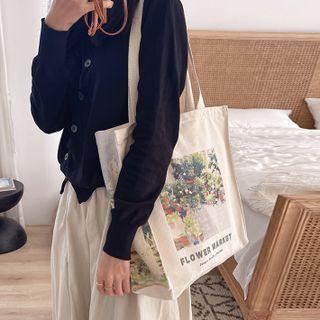 Floral Print Tote Bag Beige & Green - One Size