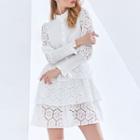 Long-sleeve Tiered Lace Mini Shirt Dress