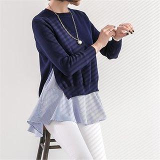 Set: Slit-back Knit Top + Sleeveless Striped Top