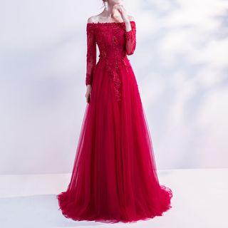 Off-shoulder Long-sleeve Evening Gown
