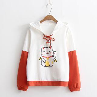Tie-neck Print Hooded Pullover