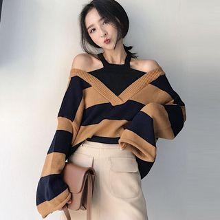 Mock Two-piece Cutout Striped Sweater