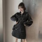 Set: Plaid Mini A-line Skirt + Pocket Detail Shirt + Crossbody Bag