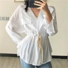 Wide-collar Drawstring-waist Blouse Ivory - One Size