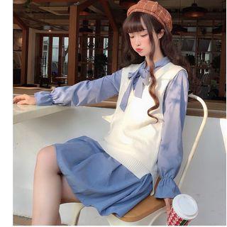 Plain Vest / Long-sleeve Tie-front Dress