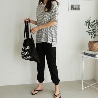 Set: Round-neck Striped T-shirt + Band-waist Jogger Pants