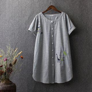 Giraffe Embroidered Striped Short Sleeve Collarless Shirtdress
